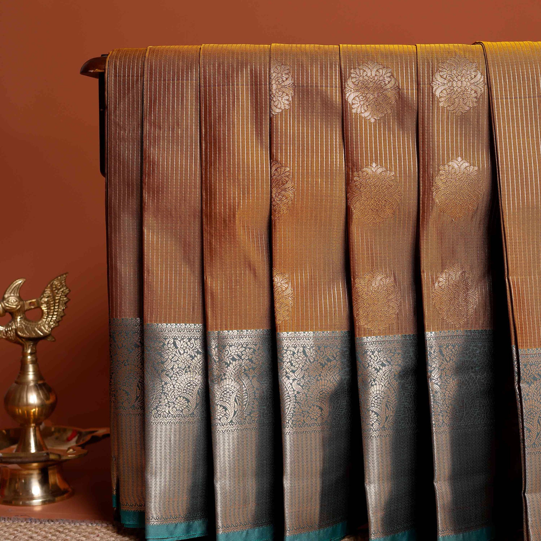 Elegant Niranjana Silk Saree with Striped Body, Zari Buttas and Elegant Contrast Border - Golden Brown