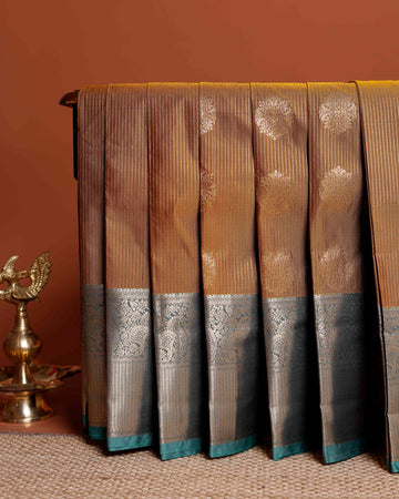 Elegant Niranjana Silk Saree with Striped Body, Zari Buttas and Elegant Contrast Border - Golden Brown