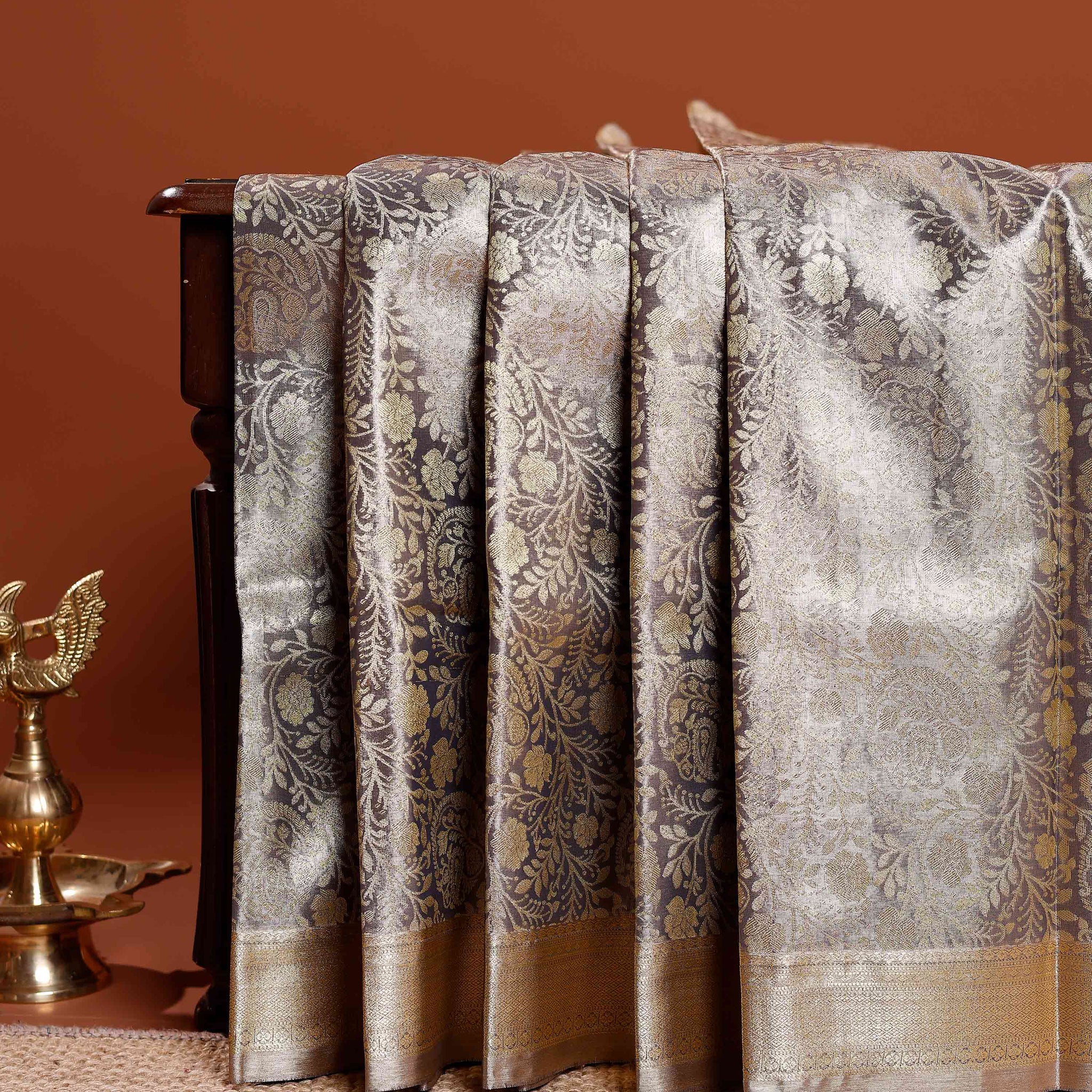 Exquisite Niranjana Silk Saree with All-Over Zari Woven Floral Design and Rich Border - Brown