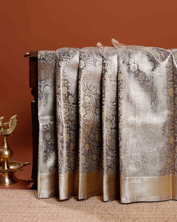 Exquisite Niranjana Silk Saree with All-Over Zari Woven Floral Design and Rich Border - Brown