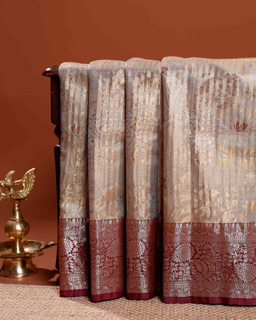 Elegant Niranjana Silk Saree with Intricate Zari Weaving and Contrasting Floral Border - Brown