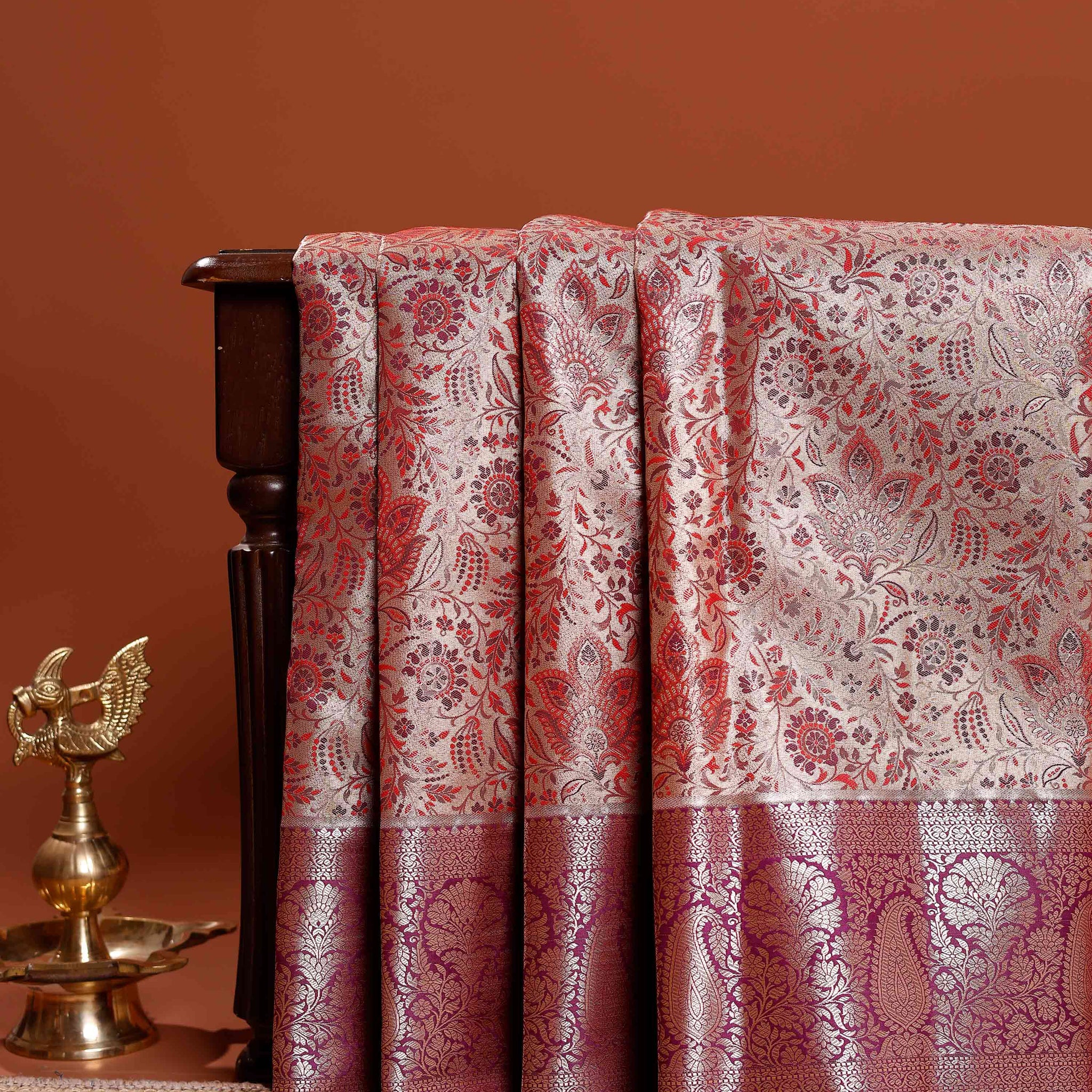 Elegant Niranjana Silk Saree with Intricate Floral Zari Brocade Weaves and Rich Zari Border - Sandal