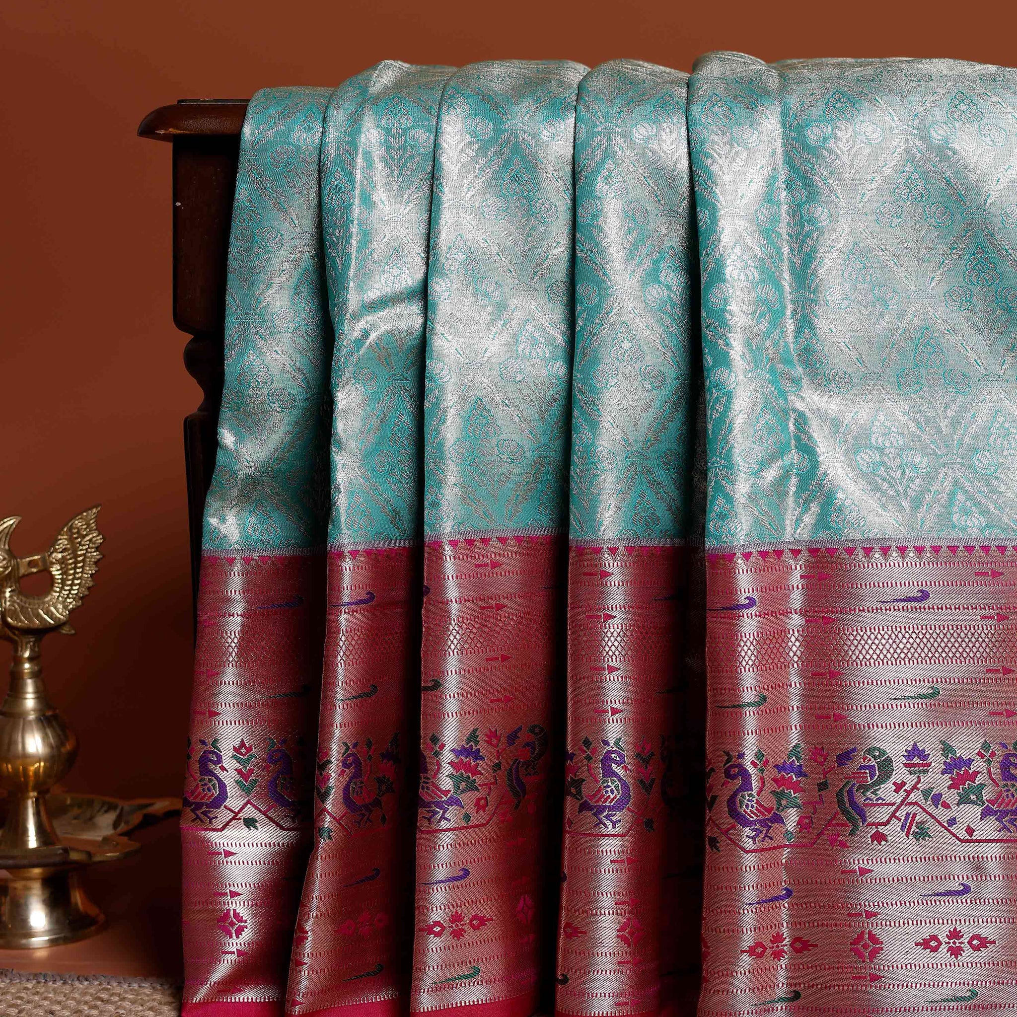 Elegant Niranjana Silk Saree with Traditional Zari Weave & Contrast Peacock Motif Border - Blue