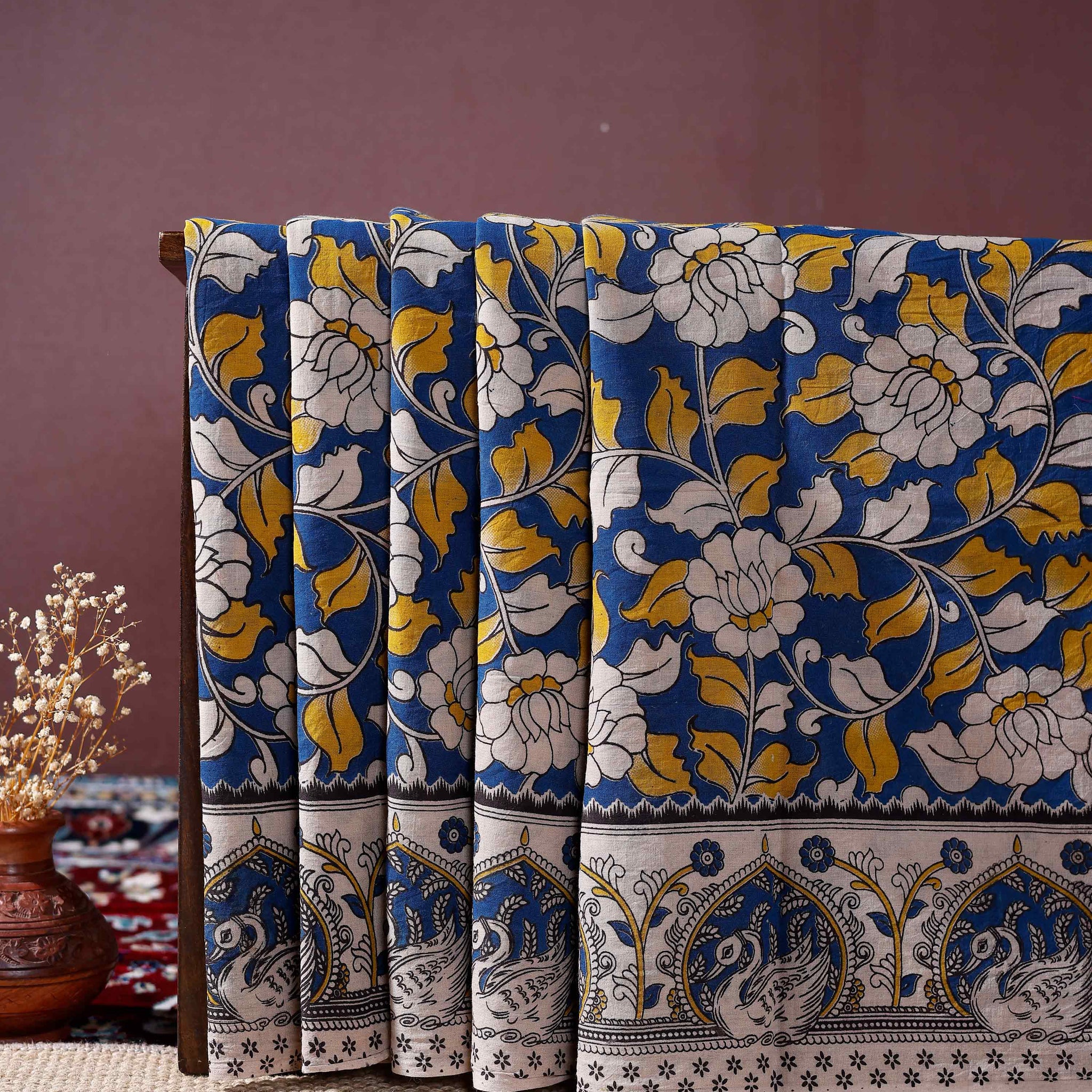 Hand-painted Kalamkari Cotton Saree with Traditional Floral and Peacock Motifs - Blue