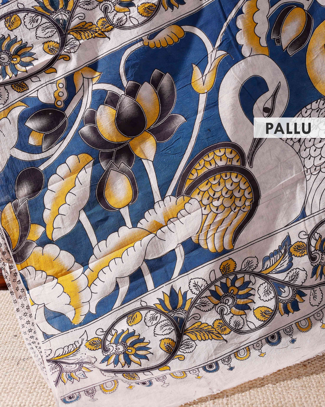 Hand-painted Kalamkari Cotton Saree with Traditional Floral and Peacock Motifs - Blue