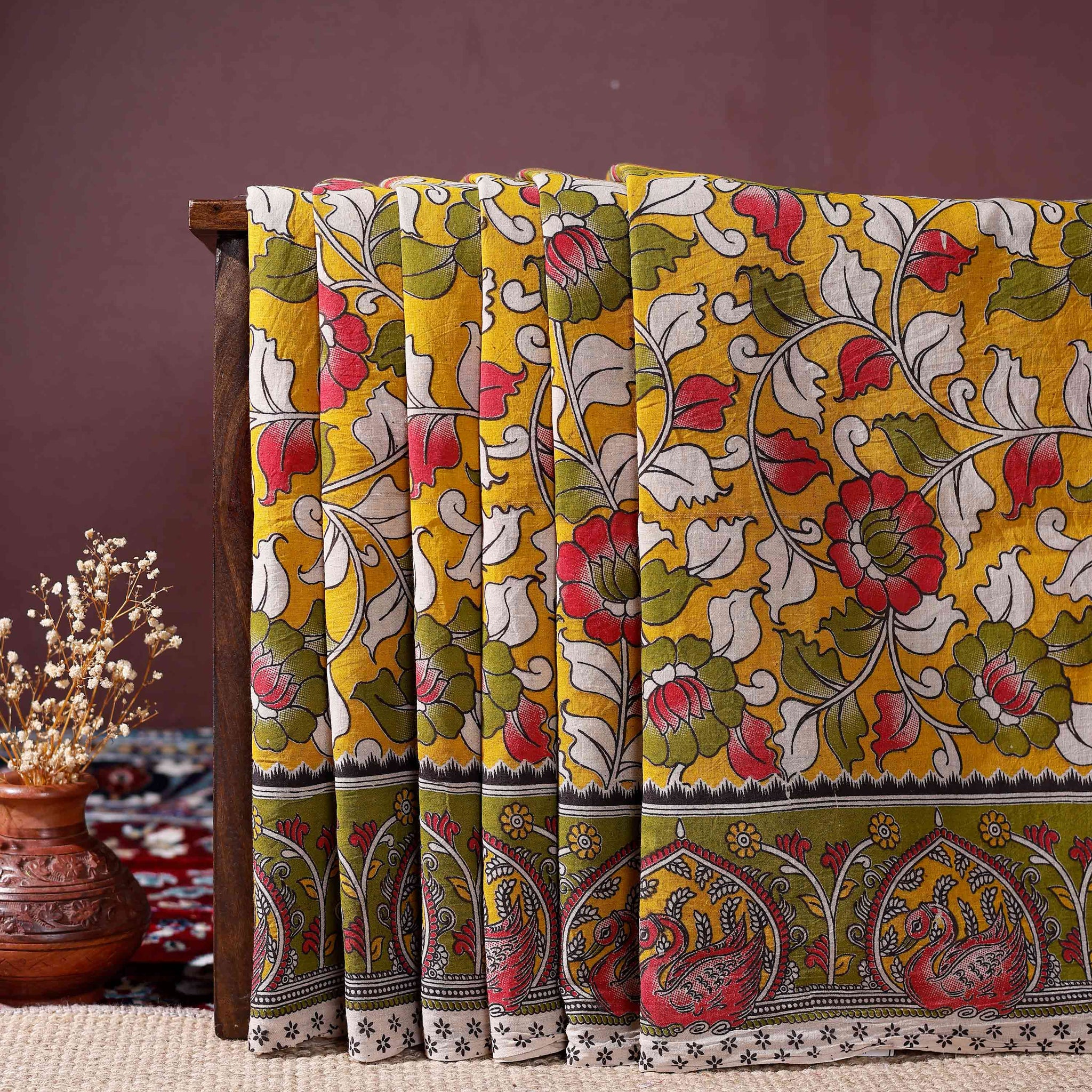 Hand-painted Kalamkari Cotton Saree with Traditional Floral and Peacock Motifs - Yellow