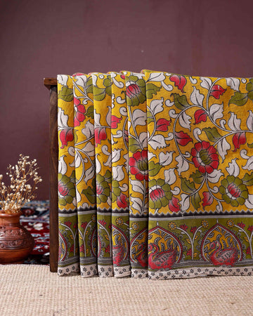 Hand-painted Kalamkari Cotton Saree with Traditional Floral and Peacock Motifs - Yellow