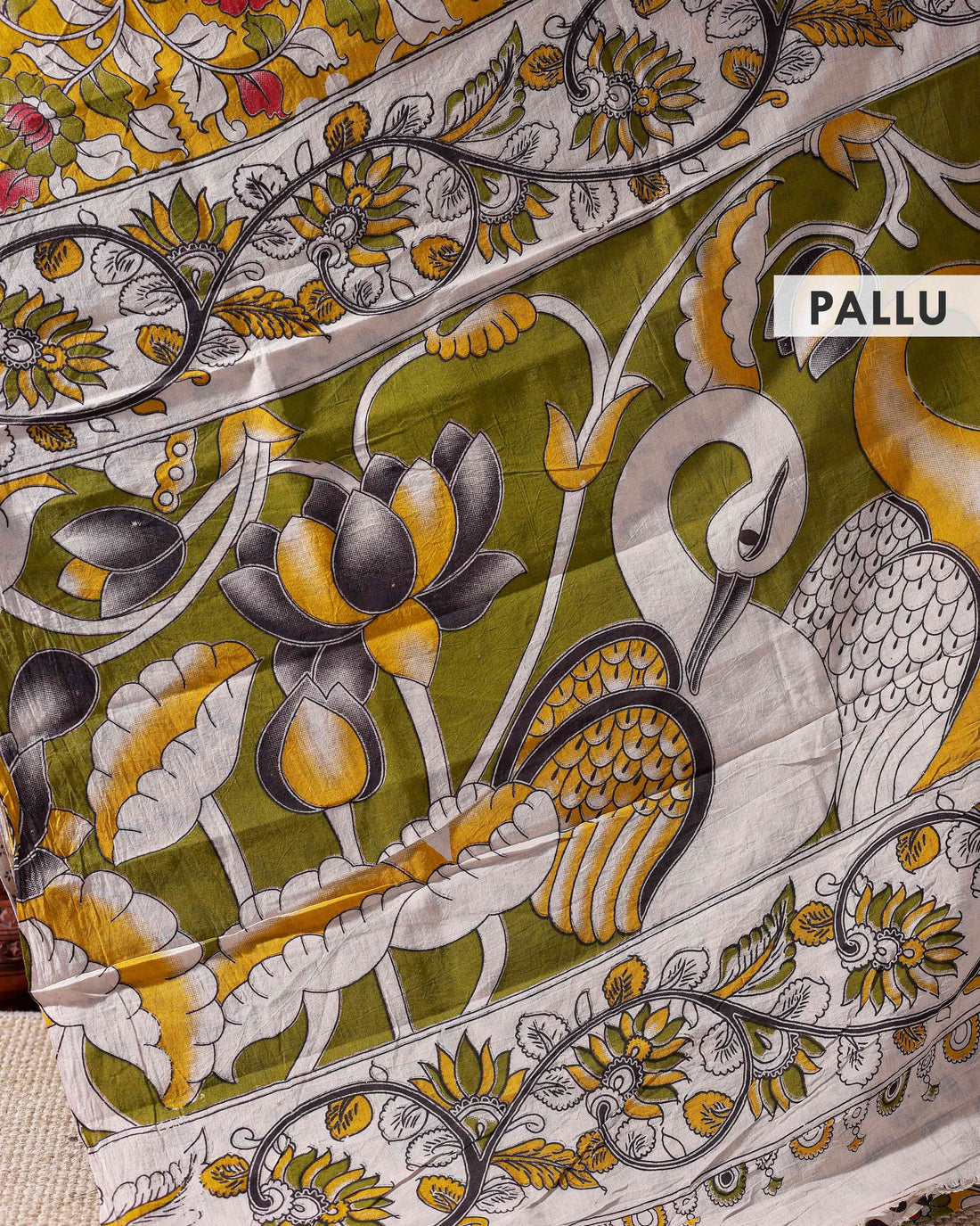 Hand-painted Kalamkari Cotton Saree with Traditional Floral and Peacock Motifs - Yellow