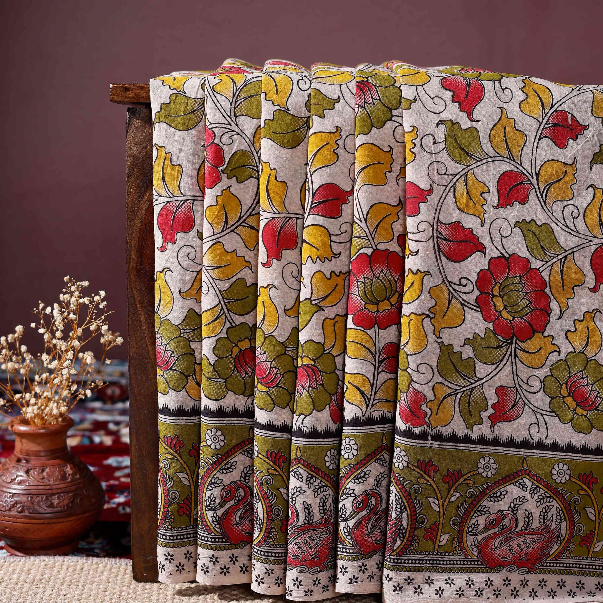 Traditional Kalamkari Cotton Saree with Elaborate Floral and Peacock Motifs  - Cream