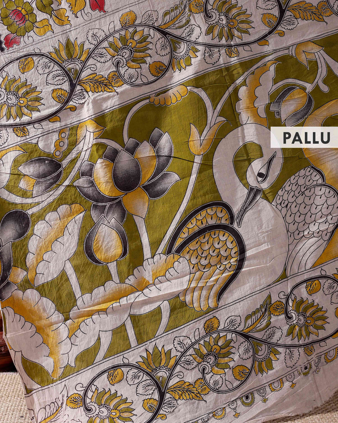 Traditional Kalamkari Cotton Saree with Elaborate Floral and Peacock Motifs  - Cream