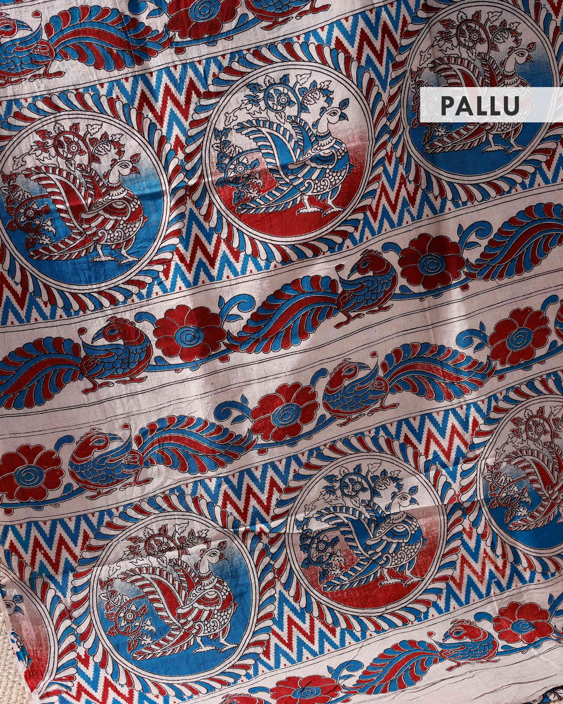 Handloom Kalamkari Cotton Saree with Traditional Motifs and Floral Border and Pallu - Blue