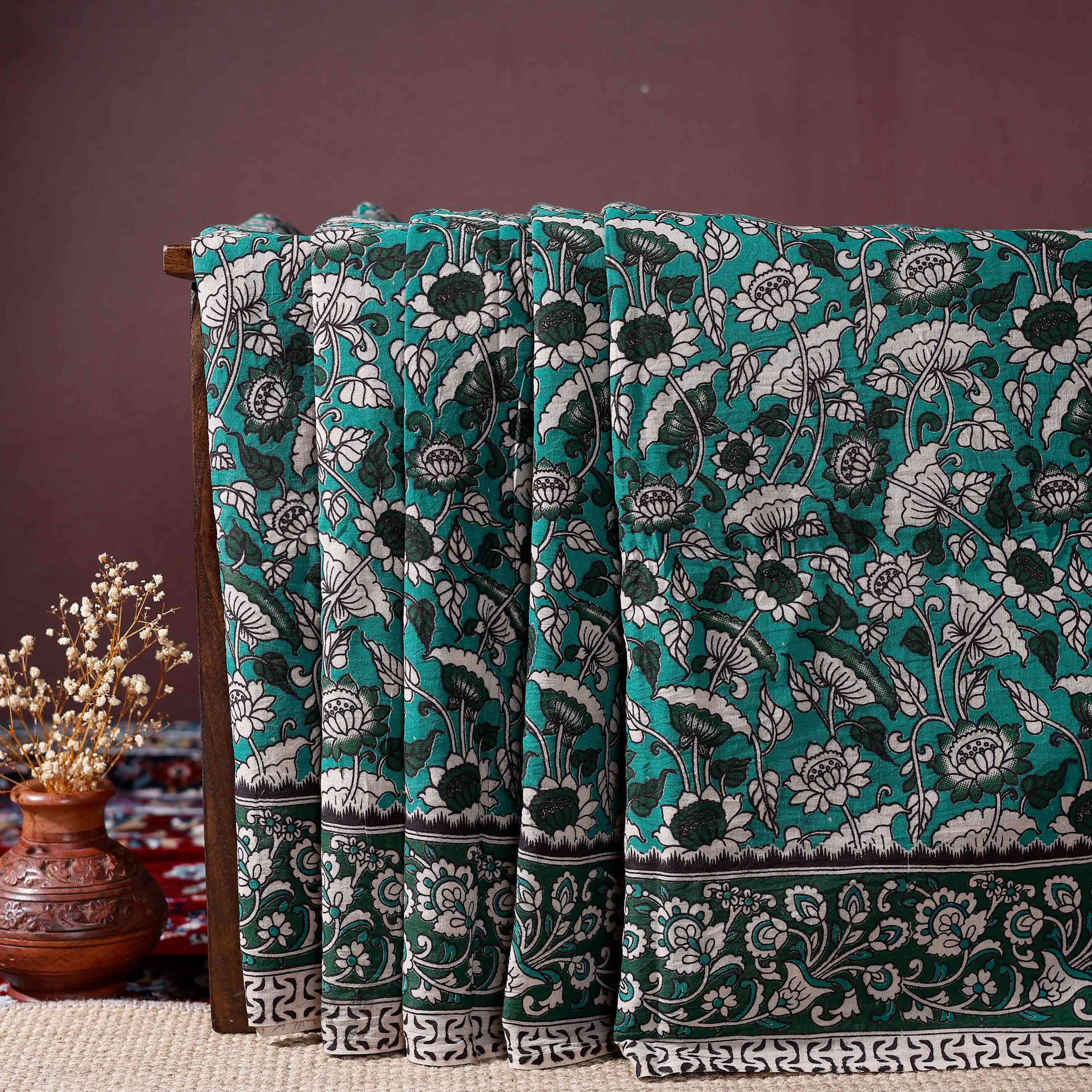 Hand-Painted Kalamkari Cotton Saree with Traditional Floral & Botanical Motifs and Intricate Border Design  - Green
