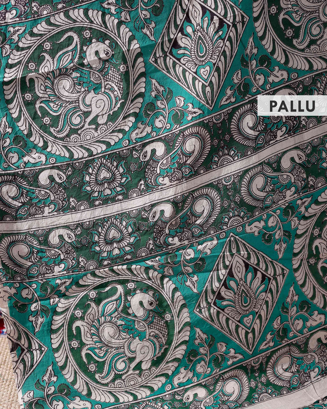 Hand-Painted Kalamkari Cotton Saree with Traditional Floral & Botanical Motifs and Intricate Border Design  - Green