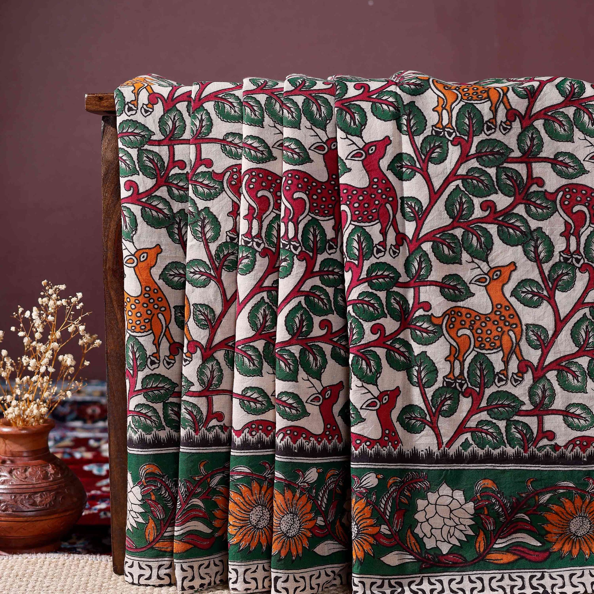Handloom Kalamkari Cotton Saree with Deer and Tree of Life Motifs and Floral Border - Sandal