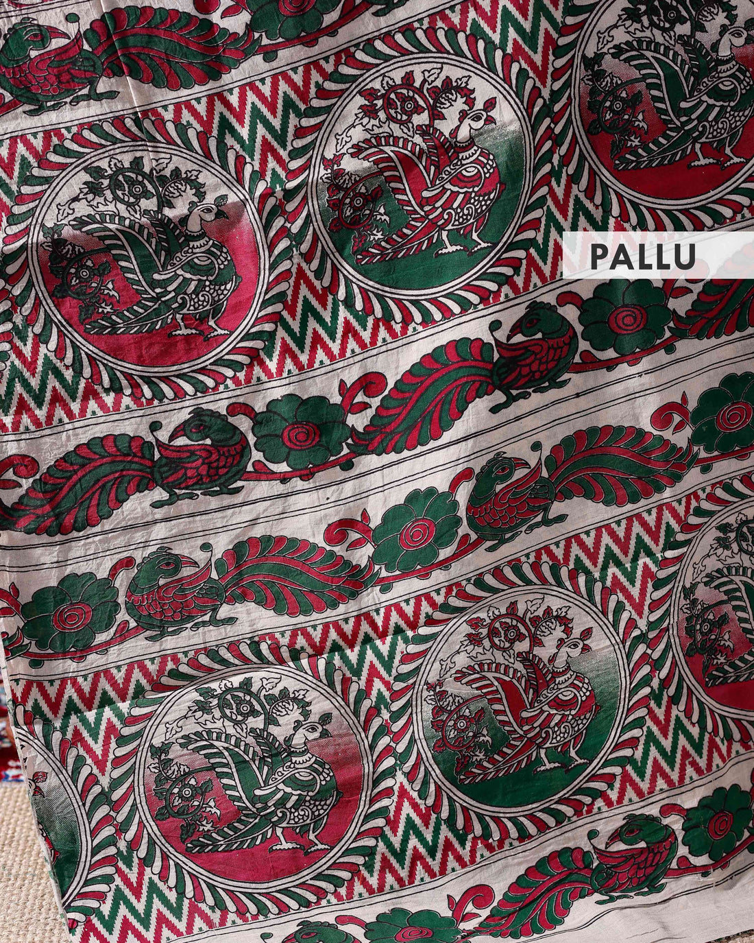 Handloom Kalamkari Cotton Saree with Deer and Tree of Life Motifs and Floral Border - Sandal