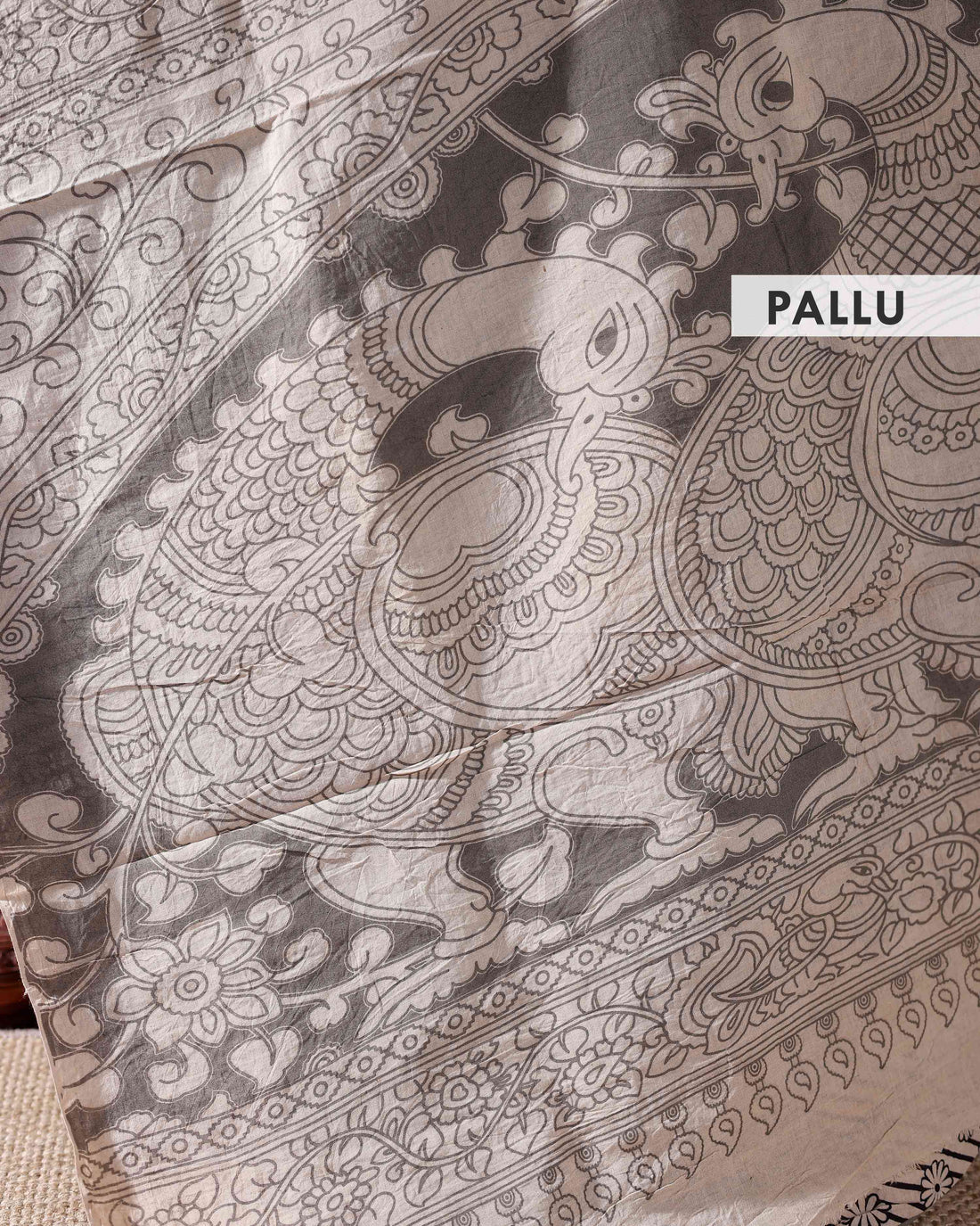 Handcrafted Kalamkari Cotton Saree with Intricate Floral and Traditional Border Motifs - Grey
