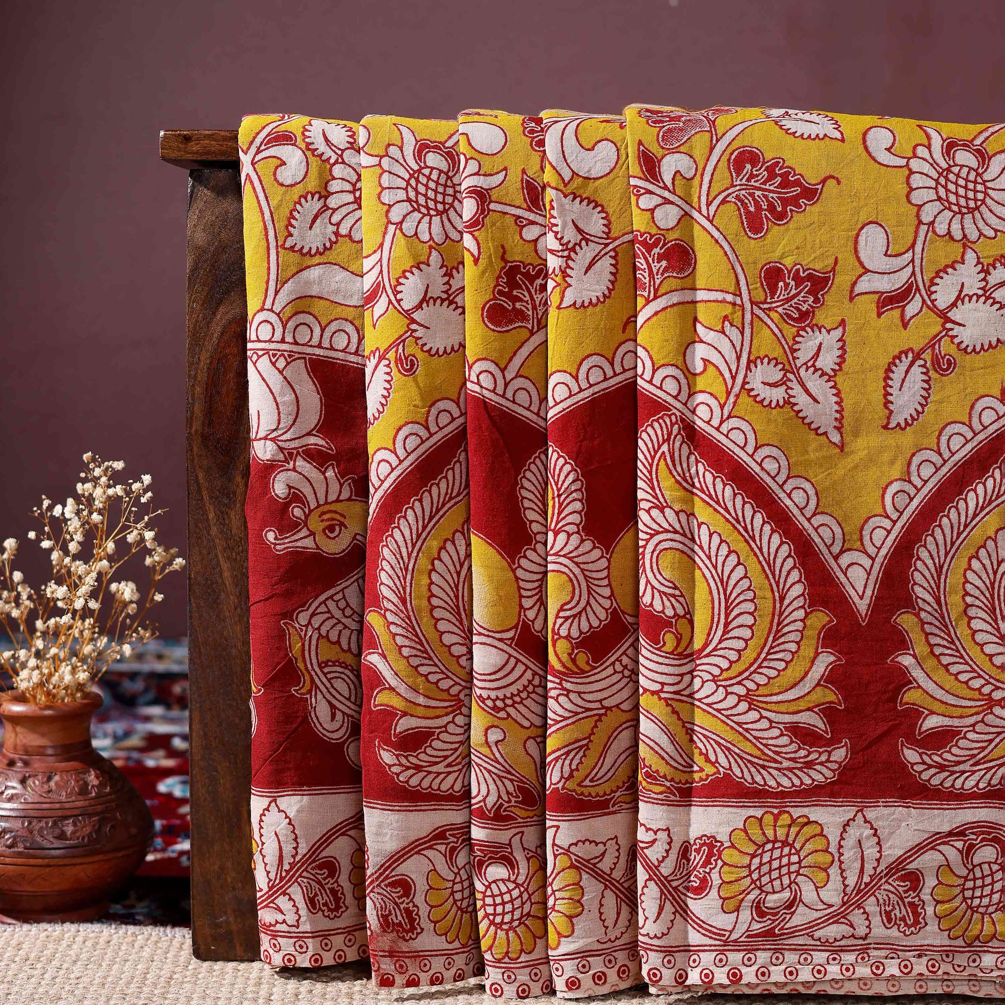 Traditional Hand-Painted Kalamkari Cotton Saree with Intricate Floral and Avian Motifs - Yellow