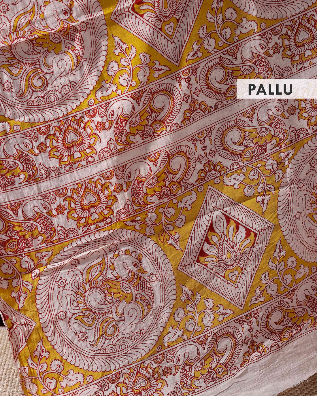 Traditional Hand-Painted Kalamkari Cotton Saree with Intricate Floral and Avian Motifs - Yellow