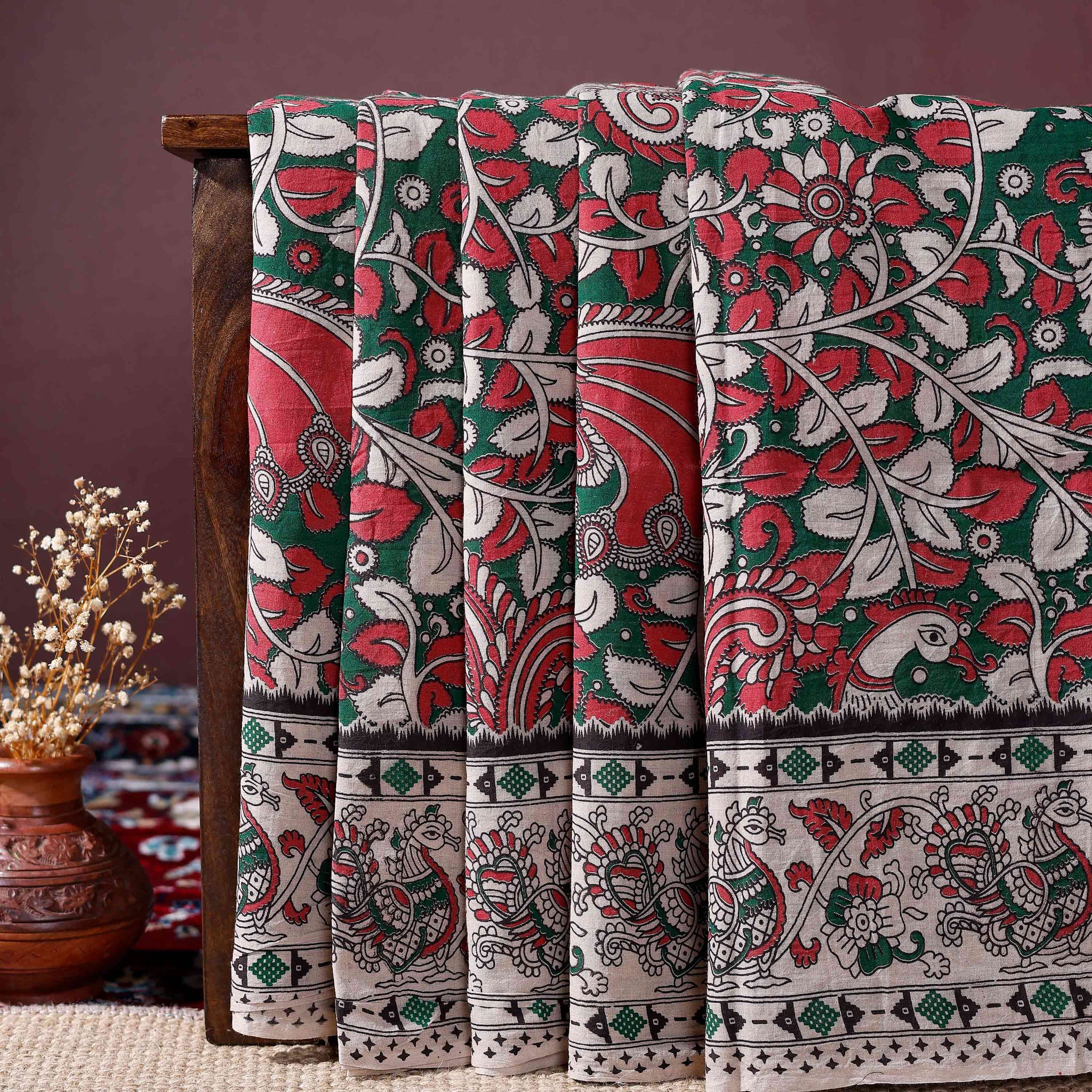 Hand-painted Kalamkari Cotton Saree with Traditional Motifs and Border Designs - Green