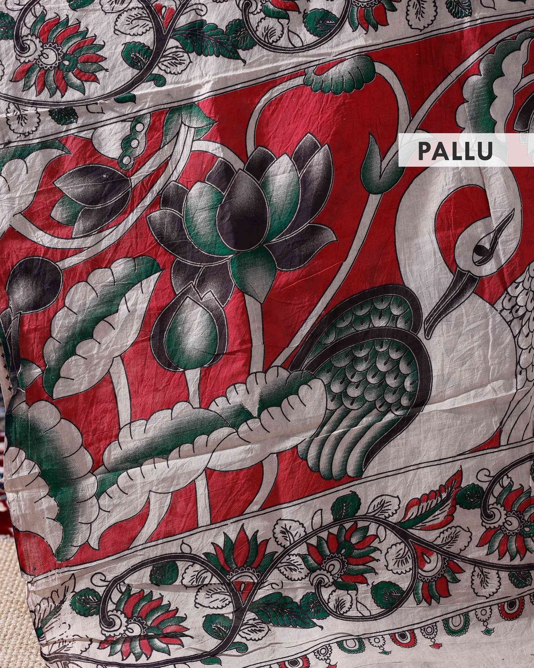 Hand-painted Kalamkari Cotton Saree with Traditional Motifs and Border Designs - Green