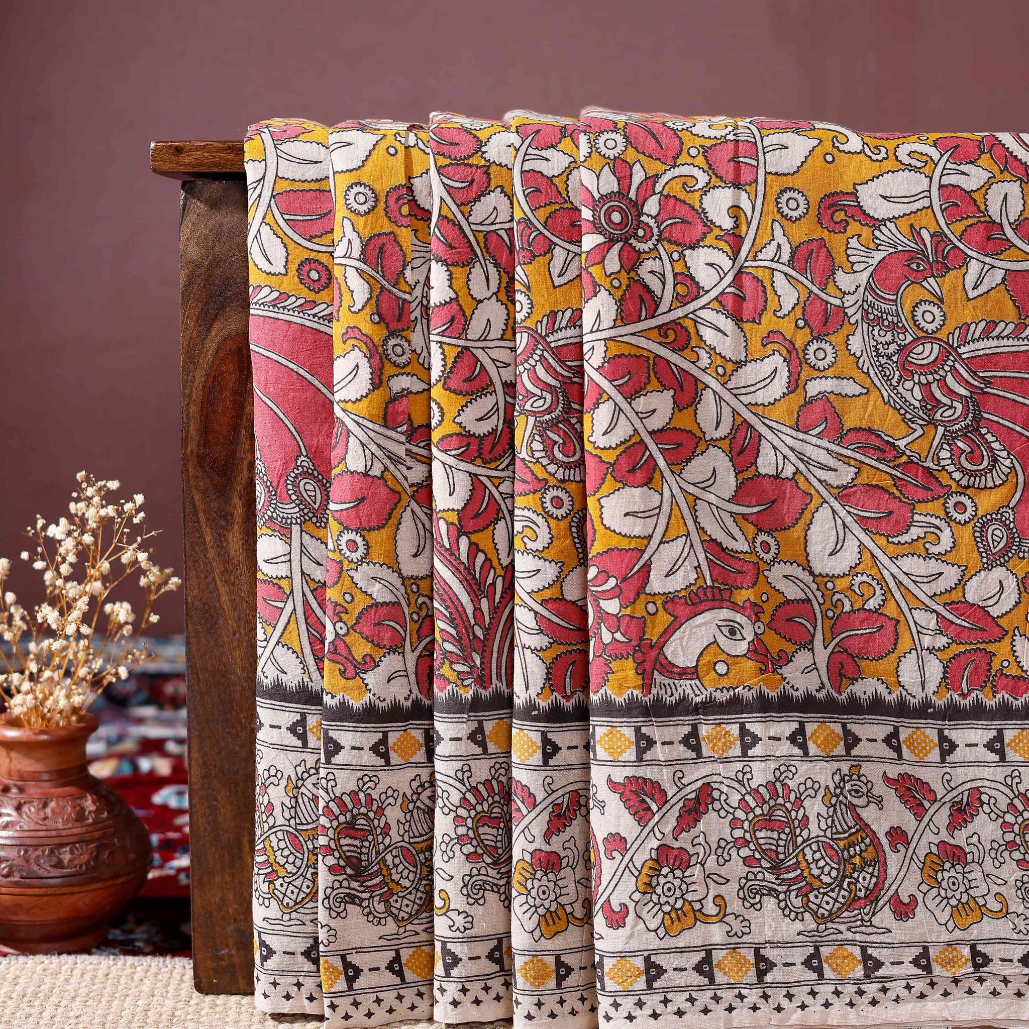 Handloom Kalamkari Cotton Saree with Traditional Motifs and Zari Border - Pink