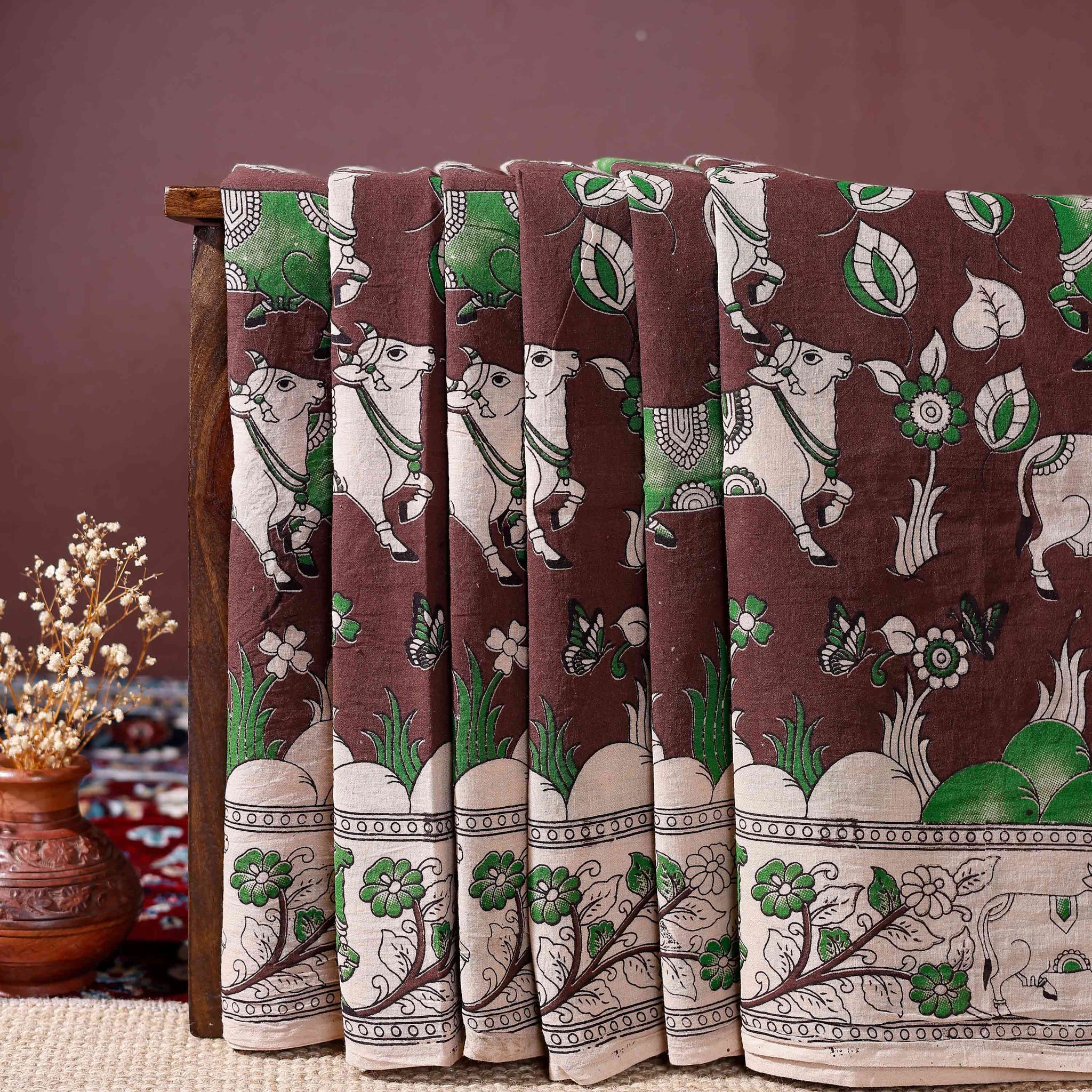 Handloom Kalamkari Saree Leafy Designs with Intricate Borders  - Brown