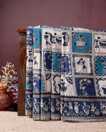 Handloom Kalamkari Cotton Saree Traditional Motifs and Folk Art Design - Off White