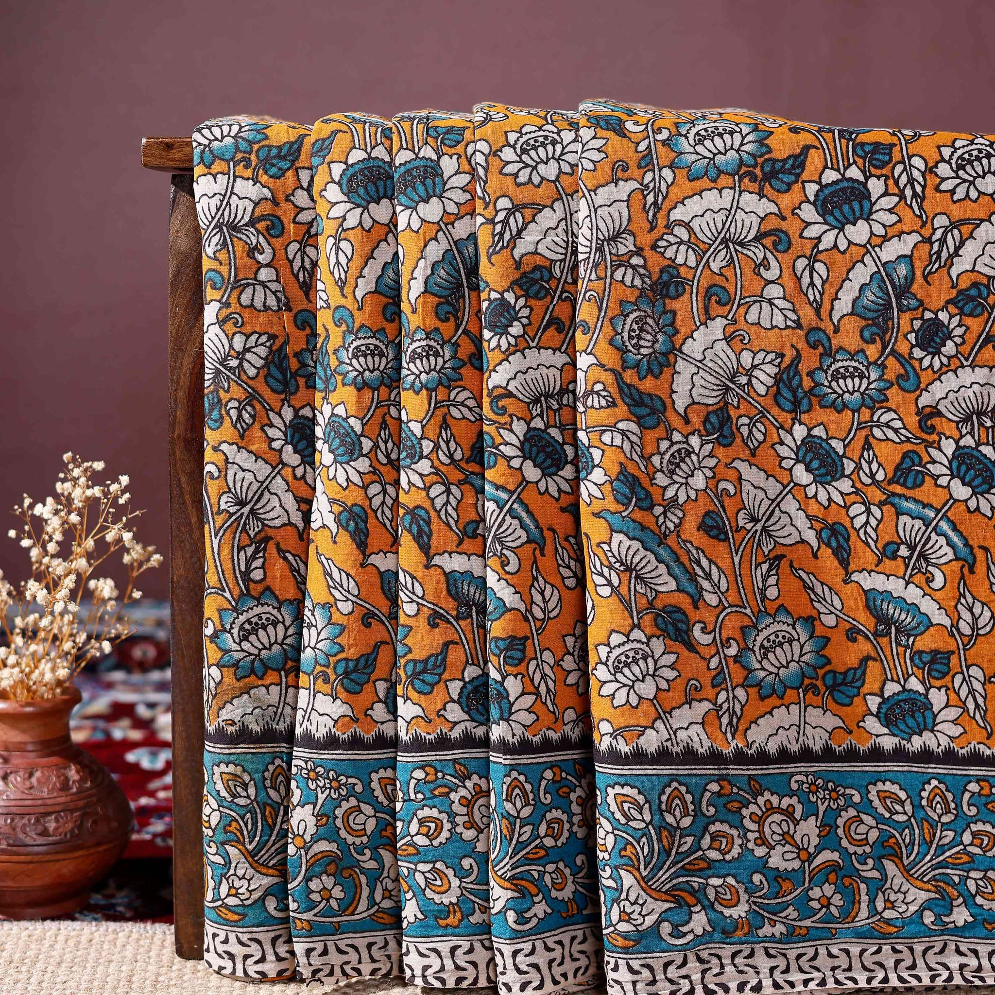 Handloom Kalamkari Cotton Saree with Traditional Floral and Border Motifs - Yellow