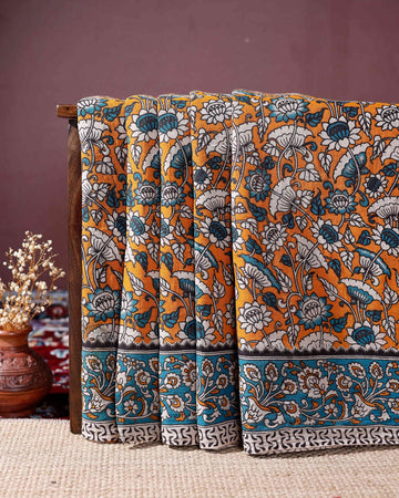 Handloom Kalamkari Cotton Saree with Traditional Floral and Border Motifs - Yellow