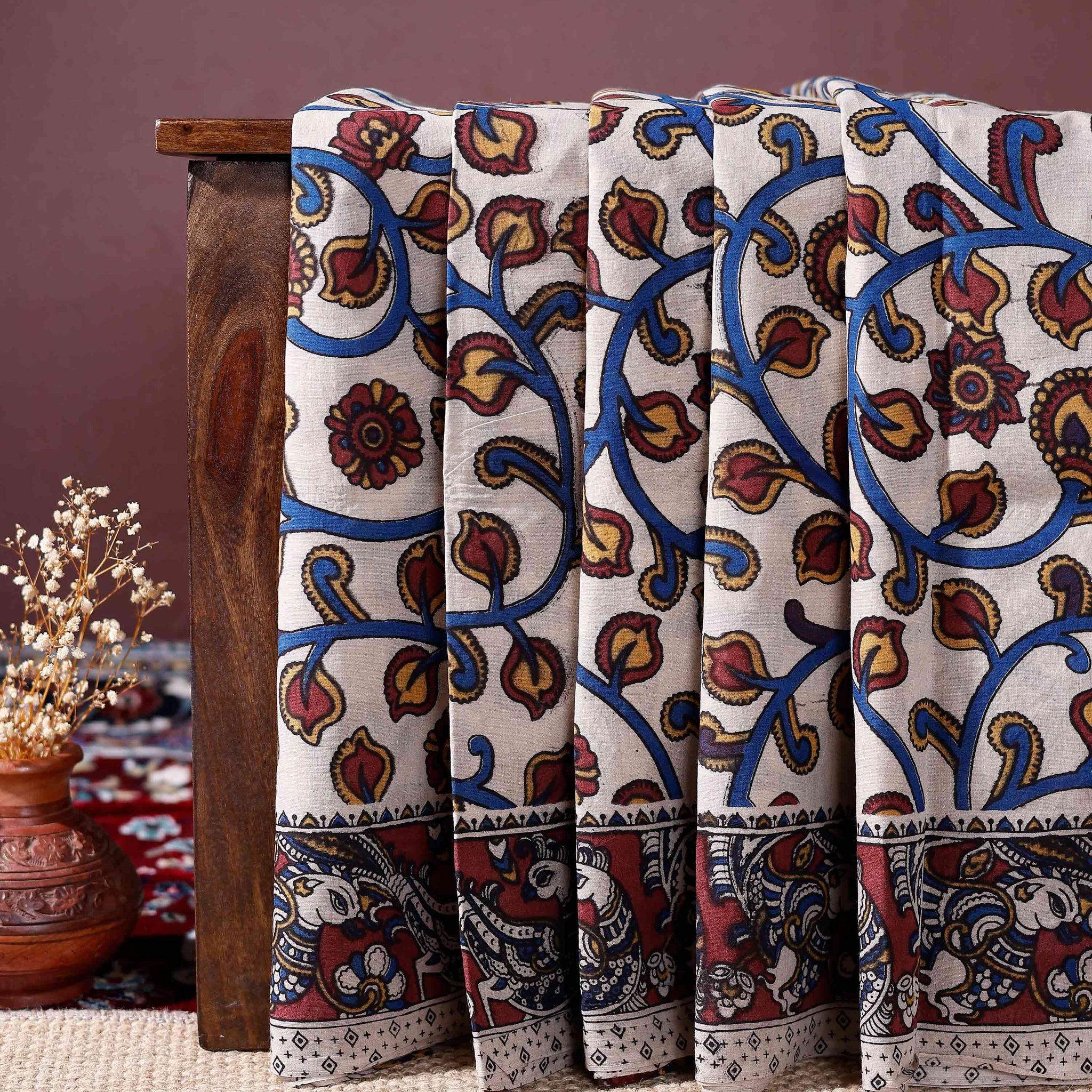 Traditional Handloom Kalamkari Cotton Saree with Intricate Floral Motifs - Cream