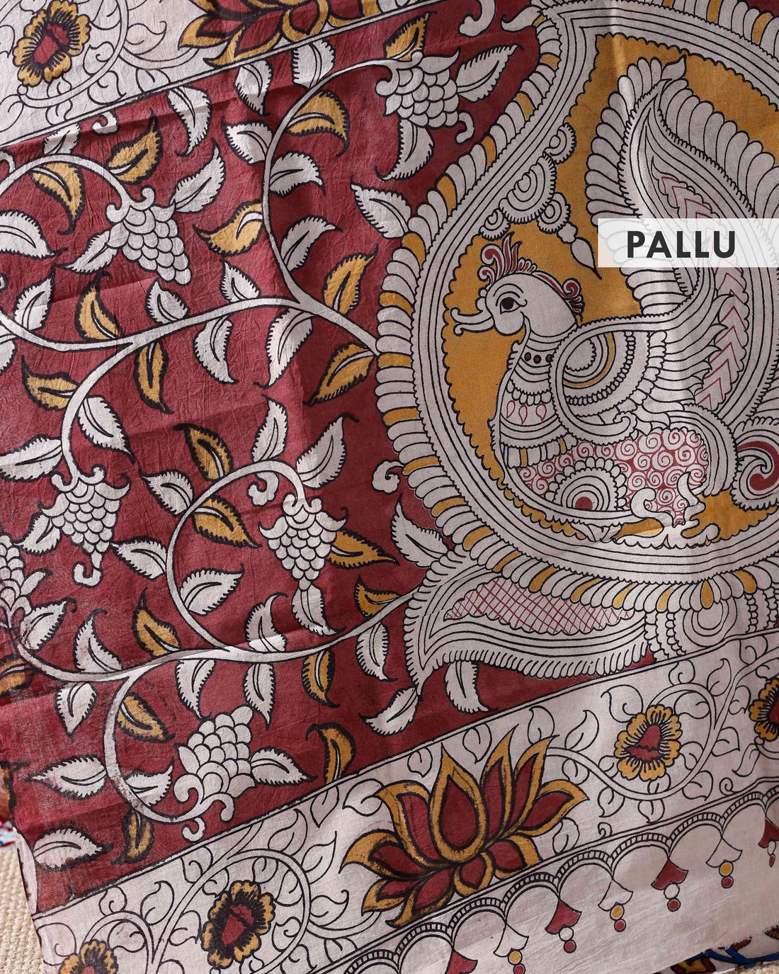 Traditional Handloom Kalamkari Cotton Saree with Intricate Floral Motifs - Cream