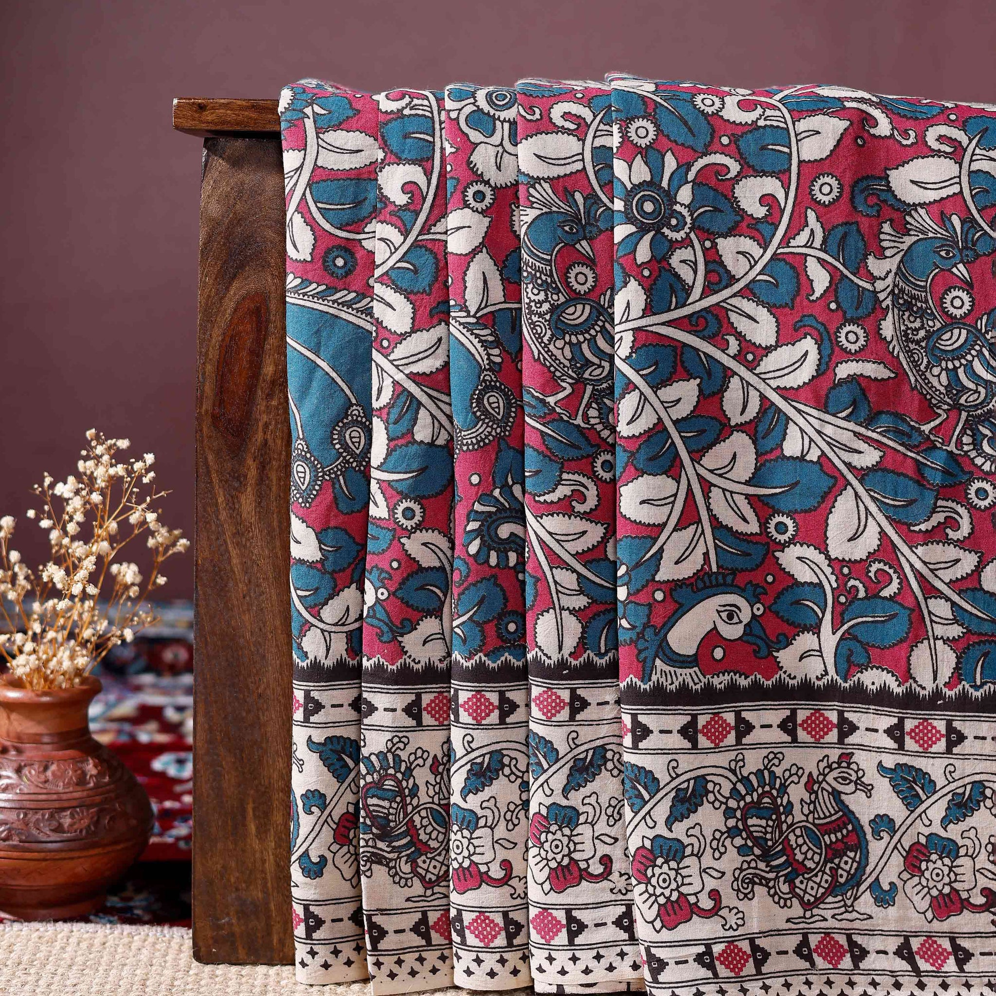 Traditional Kalamkari Cotton Saree with Hand Block Printed Peacock and Floral Motifs - Pink