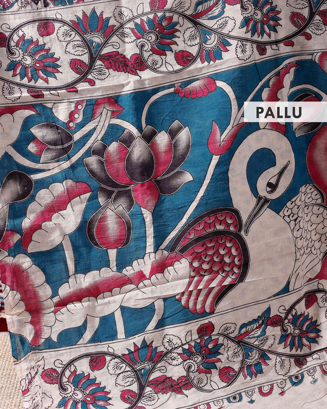 Traditional Kalamkari Cotton Saree with Hand Block Printed Peacock and Floral Motifs - Pink