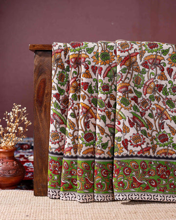Intricate Kalamkari Cotton Saree with Traditional Floral Motifs and Elaborate Border Design - Sandal
