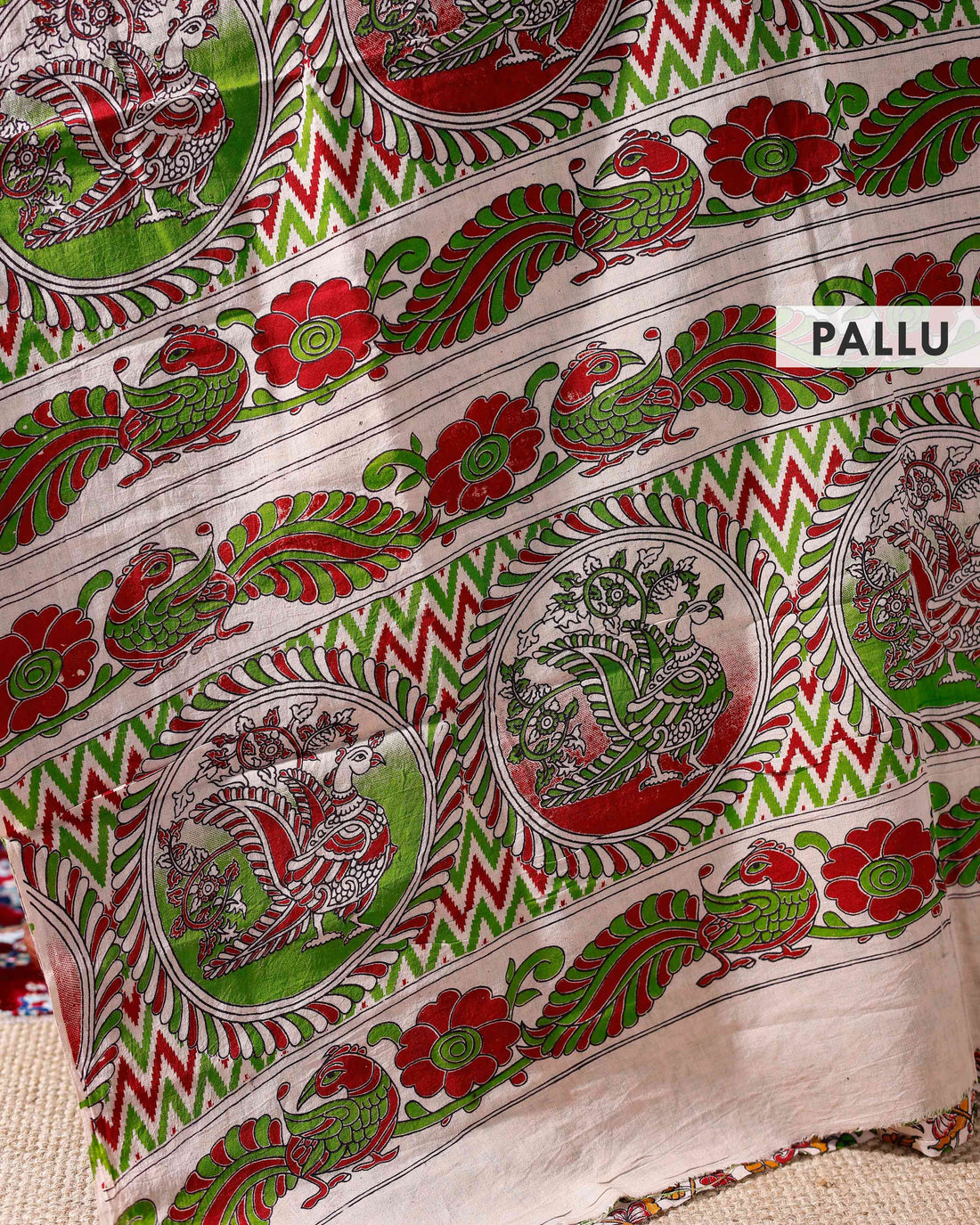 Intricate Kalamkari Cotton Saree with Traditional Floral Motifs and Elaborate Border Design - Sandal