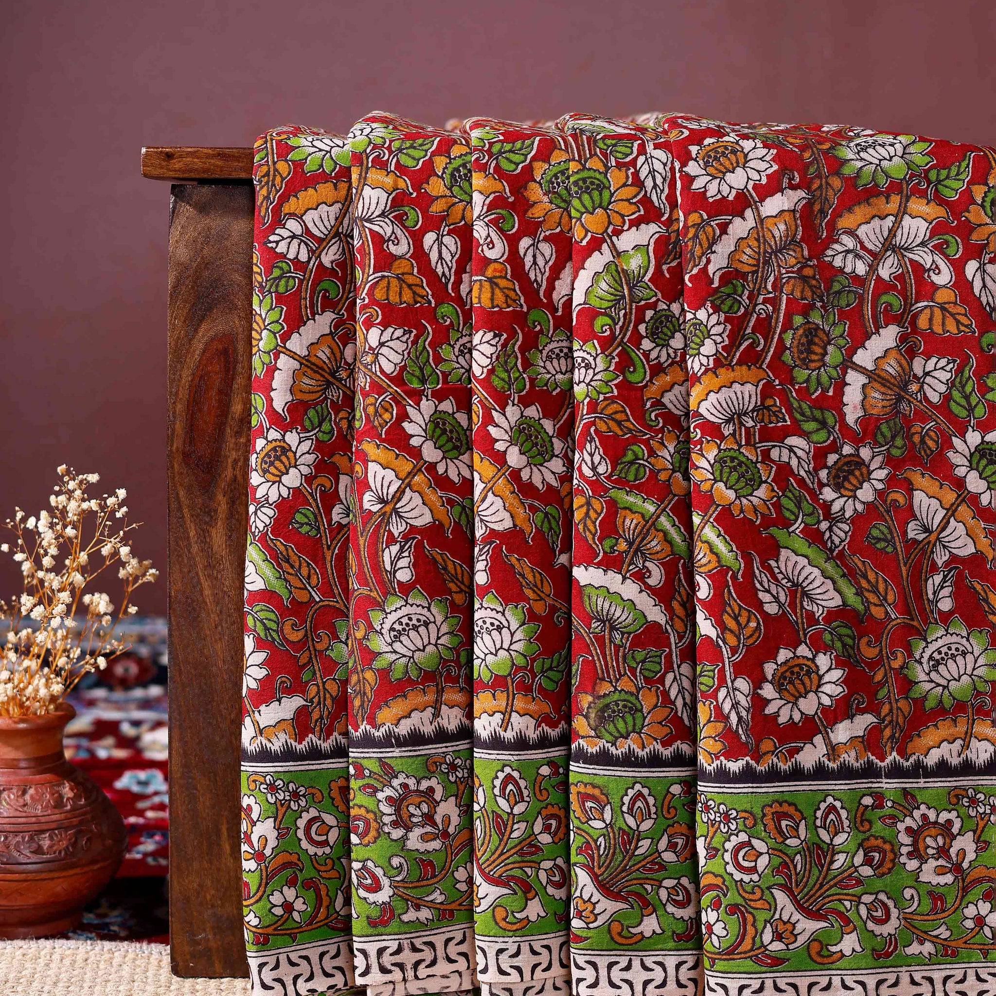 Traditional Kalamkari Cotton Saree with Elaborate Floral & Paisley Motifs and Intricate Border - Red