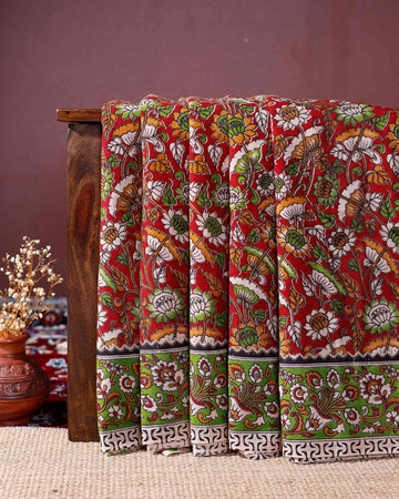 Traditional Kalamkari Cotton Saree with Elaborate Floral & Paisley Motifs and Intricate Border - Red