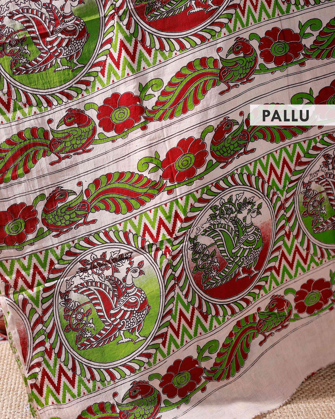 Traditional Kalamkari Cotton Saree with Elaborate Floral & Paisley Motifs and Intricate Border - Red