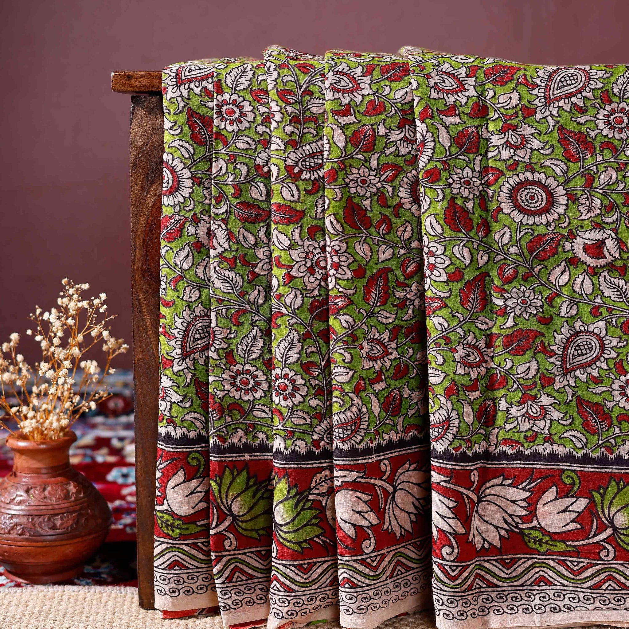 Traditional Kalamkari Cotton Saree with Floral and Leaf Motifs and Intricate Border Design - Green