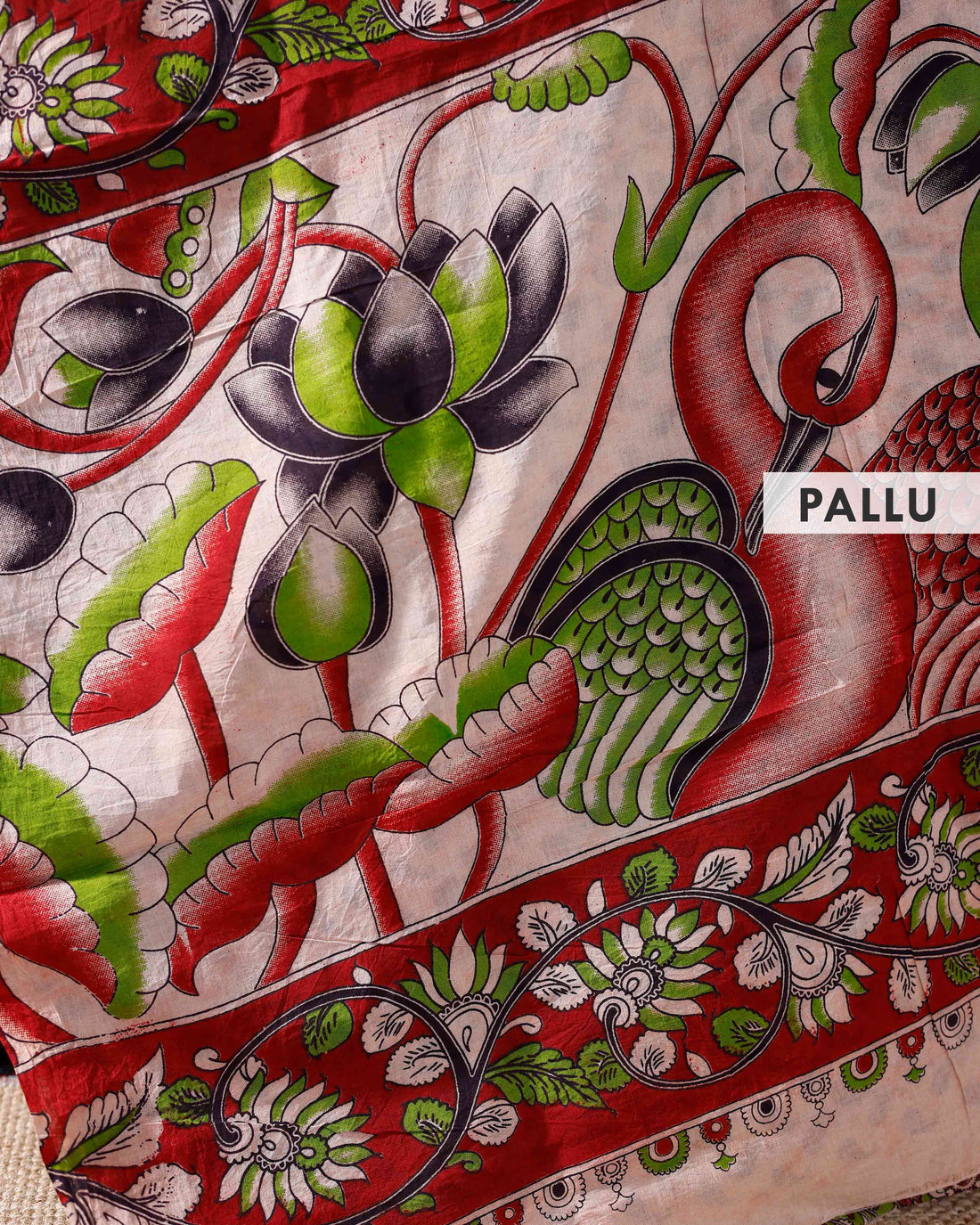 Traditional Kalamkari Cotton Saree with Floral and Leaf Motifs and Intricate Border Design - Green