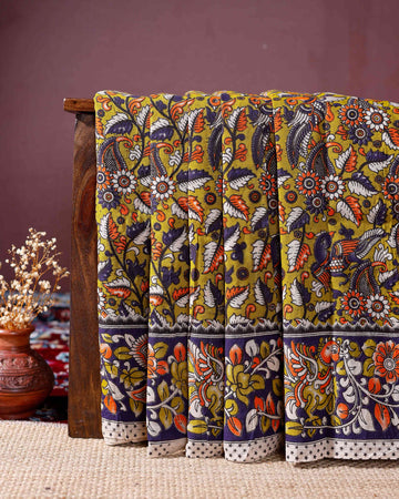 Traditional Handloom Kalamkari Cotton Saree with Intricate Floral and Avian Motifs - Olive Green