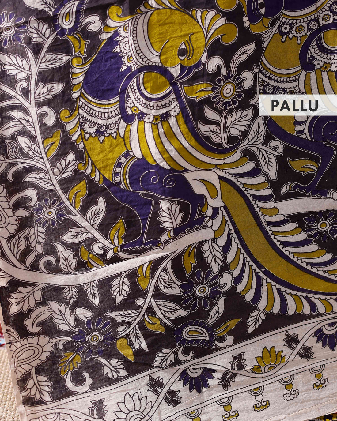 Traditional Handloom Kalamkari Cotton Saree with Intricate Floral and Avian Motifs - Olive Green