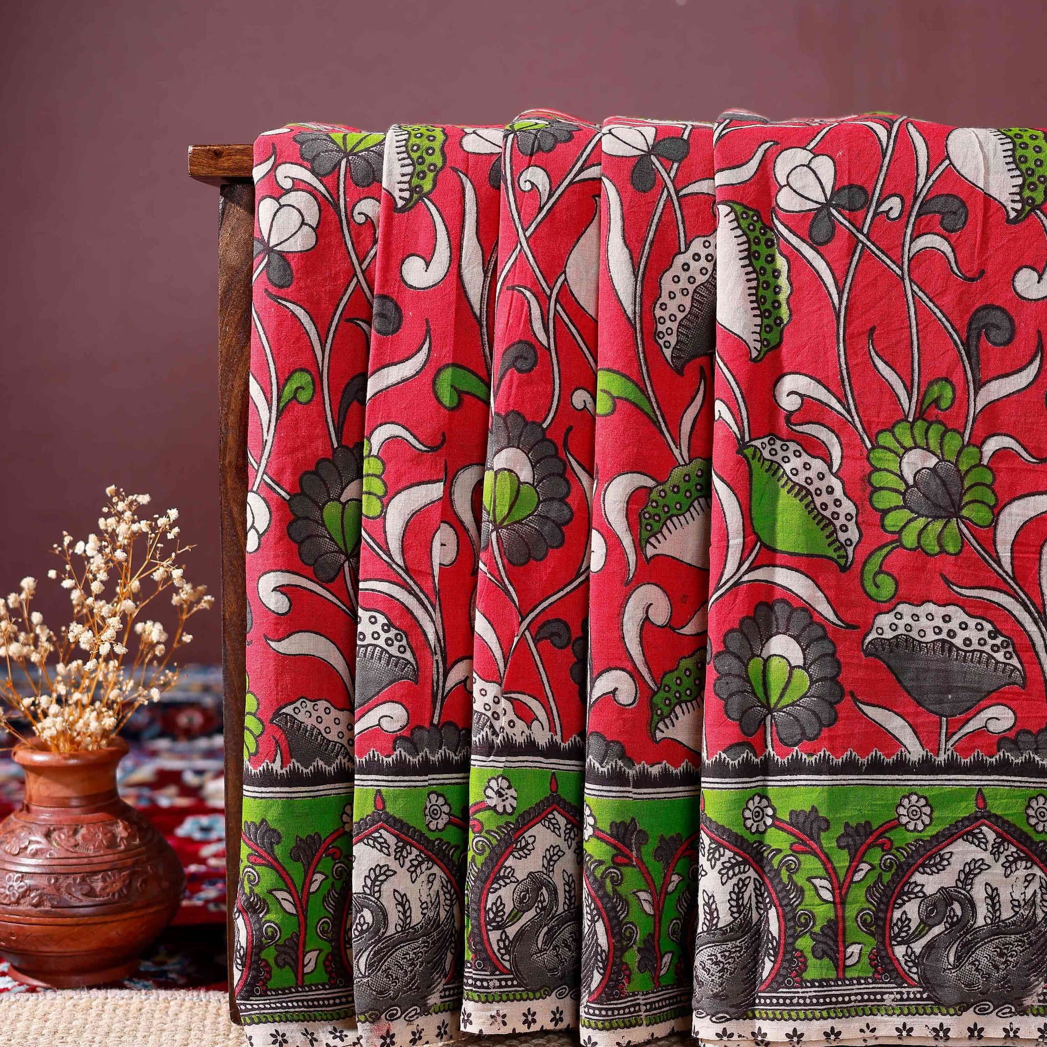 Handloom Kalamkari Cotton Saree with Traditional Floral and Peacock Motifs - Red