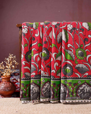 Handloom Kalamkari Cotton Saree with Traditional Floral and Peacock Motifs - Red