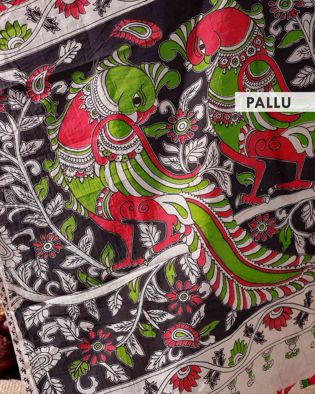 Handloom Kalamkari Cotton Saree with Traditional Floral and Peacock Motifs - Red