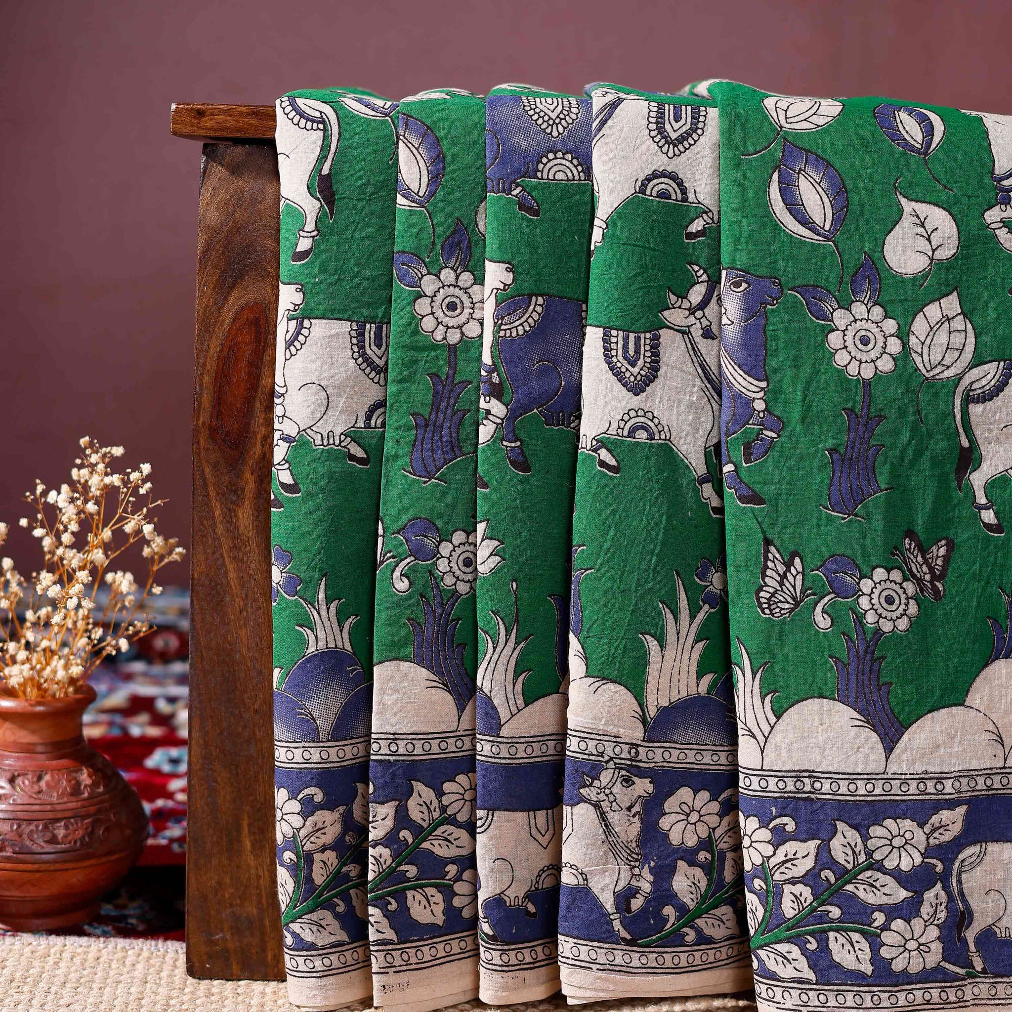 Traditional Kalamkari Cotton Saree with Hand-Painted Motifs and Elaborate Border - Green