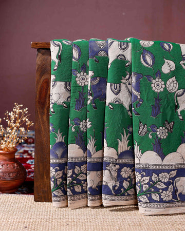 Traditional Kalamkari Cotton Saree with Hand-Painted Motifs and Elaborate Border - Green