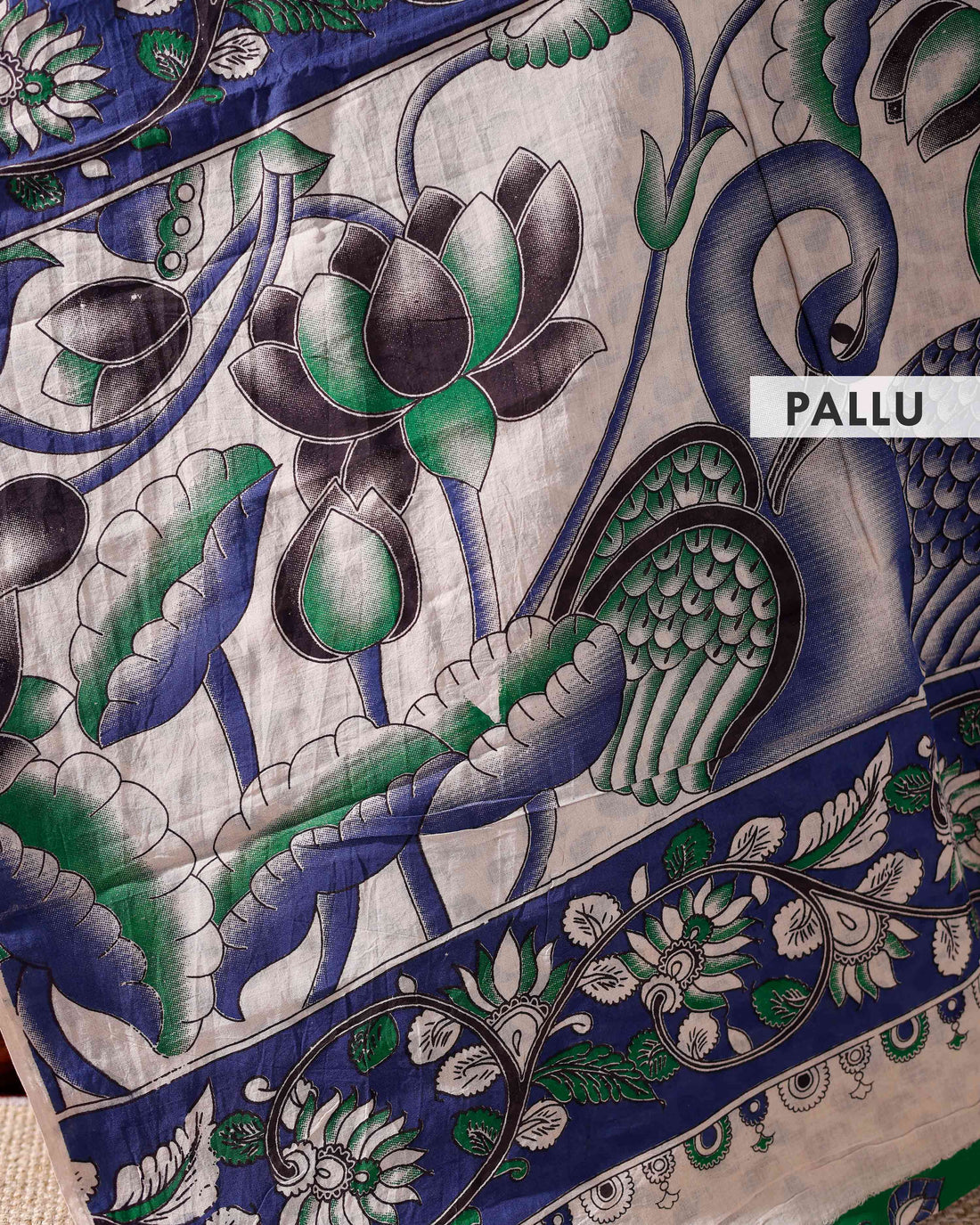Traditional Kalamkari Cotton Saree with Hand-Painted Motifs and Elaborate Border - Green