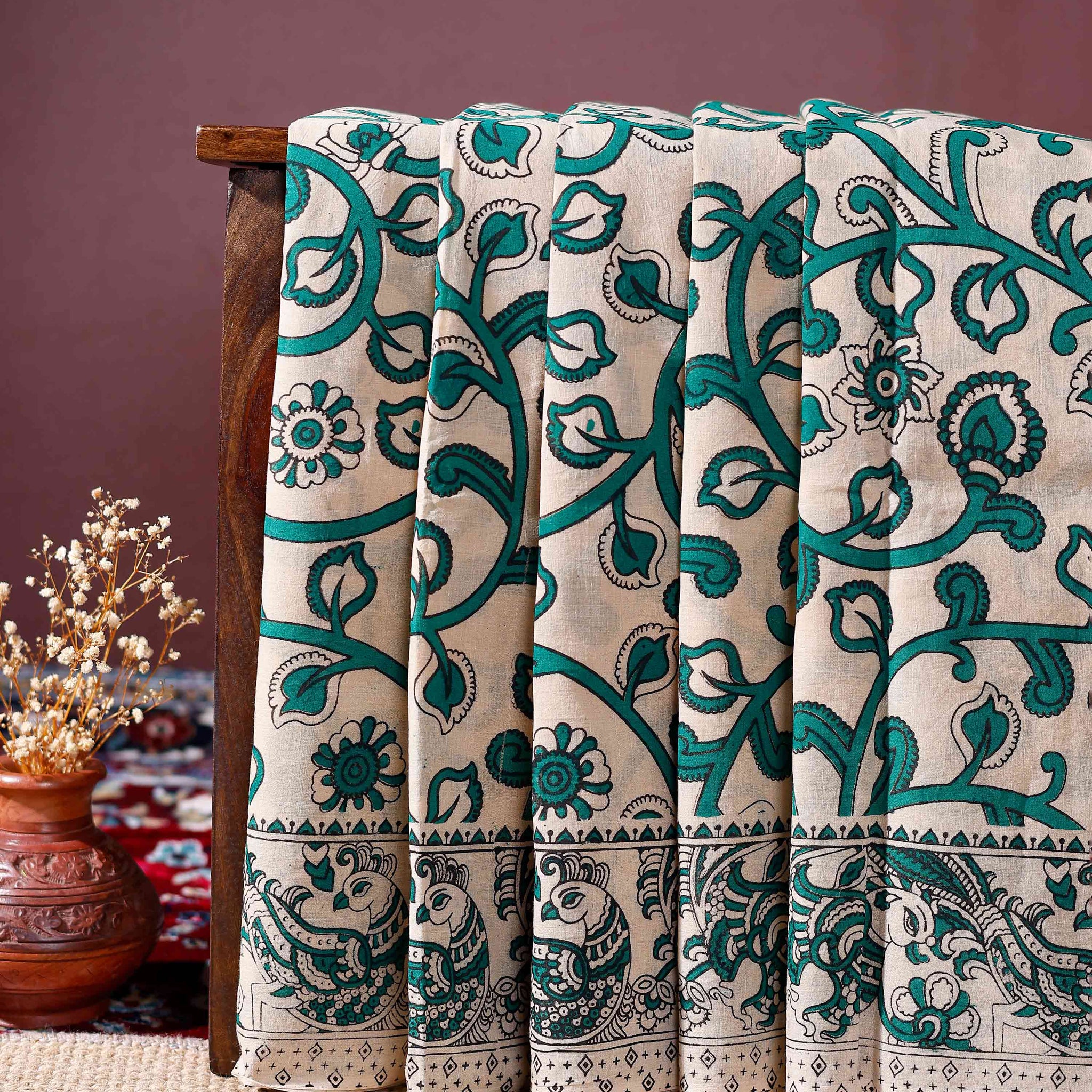 Traditional Handloom Kalamkari Cotton Saree with Intricate Floral and Peacock Motifs - Sandal