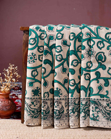Traditional Handloom Kalamkari Cotton Saree with Intricate Floral and Peacock Motifs - Sandal